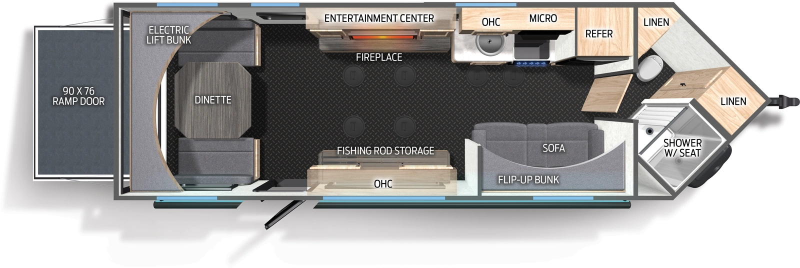 The Cascade 21GPTHC floorplan is a toy hauler that has one entry and zero slide outs. Exterior features include: metal exterior. Interiors features include: bunk beds.